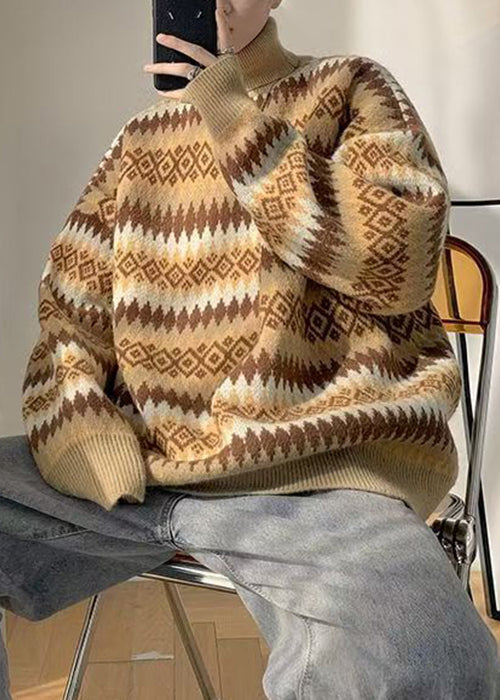 French Blue Striped Knit Sweaters Turtleneck Winter