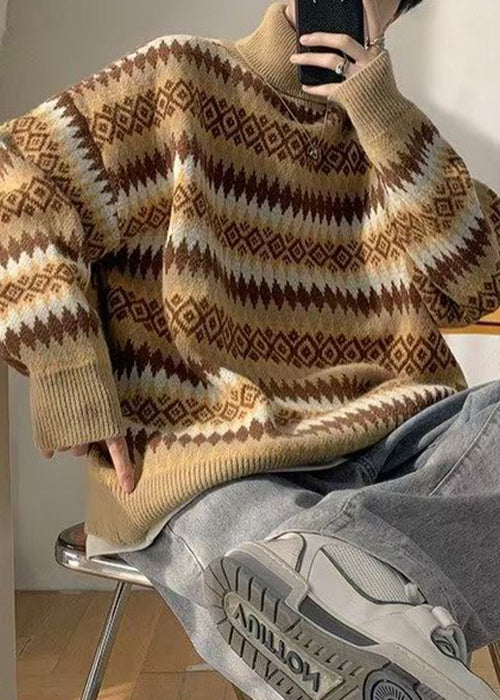 French Blue Striped Knit Sweaters Turtleneck Winter