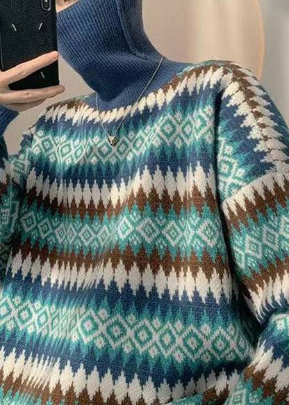 French Blue Striped Knit Sweaters Turtleneck Winter