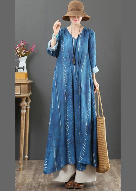 French Blue Tunic Dress V Neck Large Hem a Line Spring Dresses