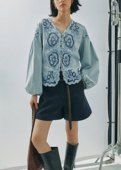 French Blue V Neck Hollow Out Floral Cotton Shirt Top Fall