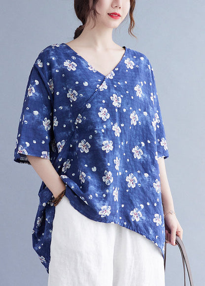 French Colorful Stripes V Neck Print Asymmetrical Design Fall Half Sleeve Shirt Top