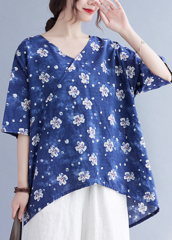French Colorful Stripes V Neck Print Asymmetrical Design Fall Half Sleeve Shirt Top