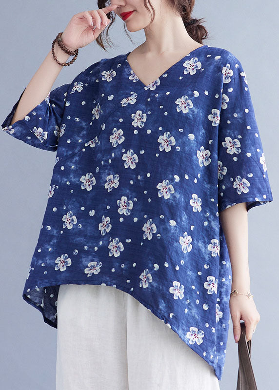 French Colorful Stripes V Neck Print Asymmetrical Design Fall Half Sleeve Shirt Top