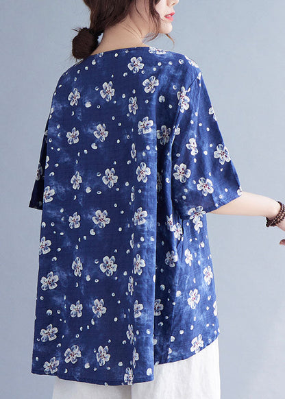 French Blue V Neck Print Asymmetrical Design Fall Half Sleeve Shirt Top