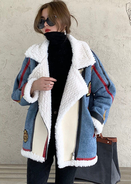 French Blue Zip Up Denim Patchwork Faux Fur Winter Coat