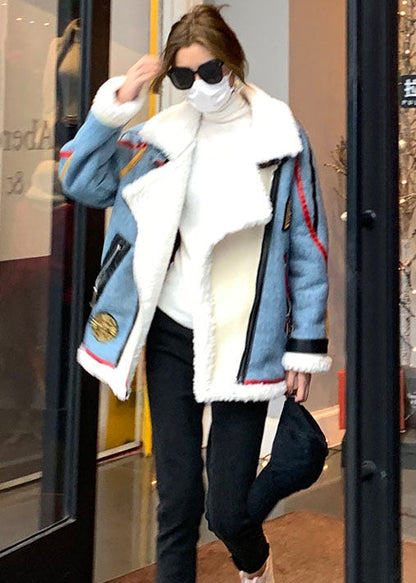 French Blue Zip Up Denim Patchwork Faux Fur Winter Coat