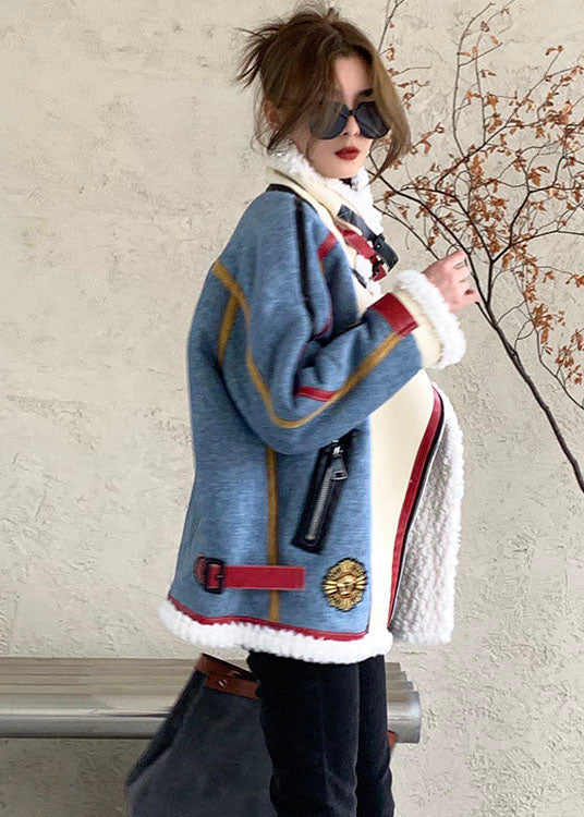 French Blue Zip Up Denim Patchwork Faux Fur Winter Coat