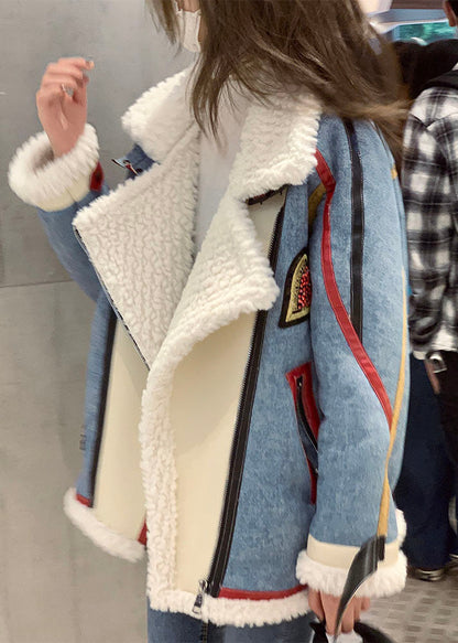 French Blue Zip Up Denim Patchwork Faux Fur Winter Coat