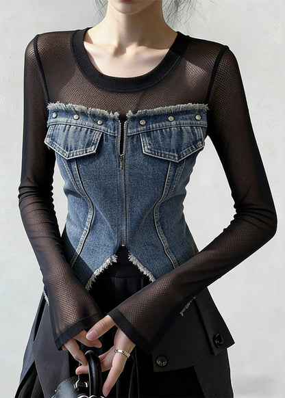 French Blue Zippered Front Open Tulle Patchwork Denim T Shirt Spring