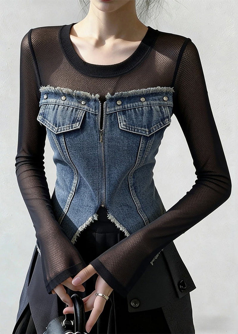 French Blue Zippered Front Open Tulle Patchwork Denim T Shirt Spring