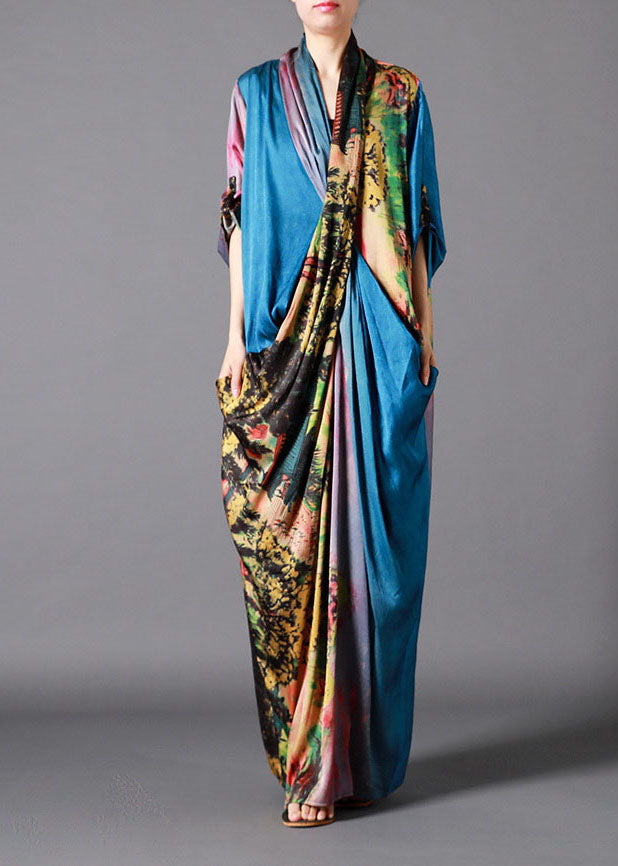 French Blue Asymmetrical Design Print Fall Half Sleeve Long Dresses