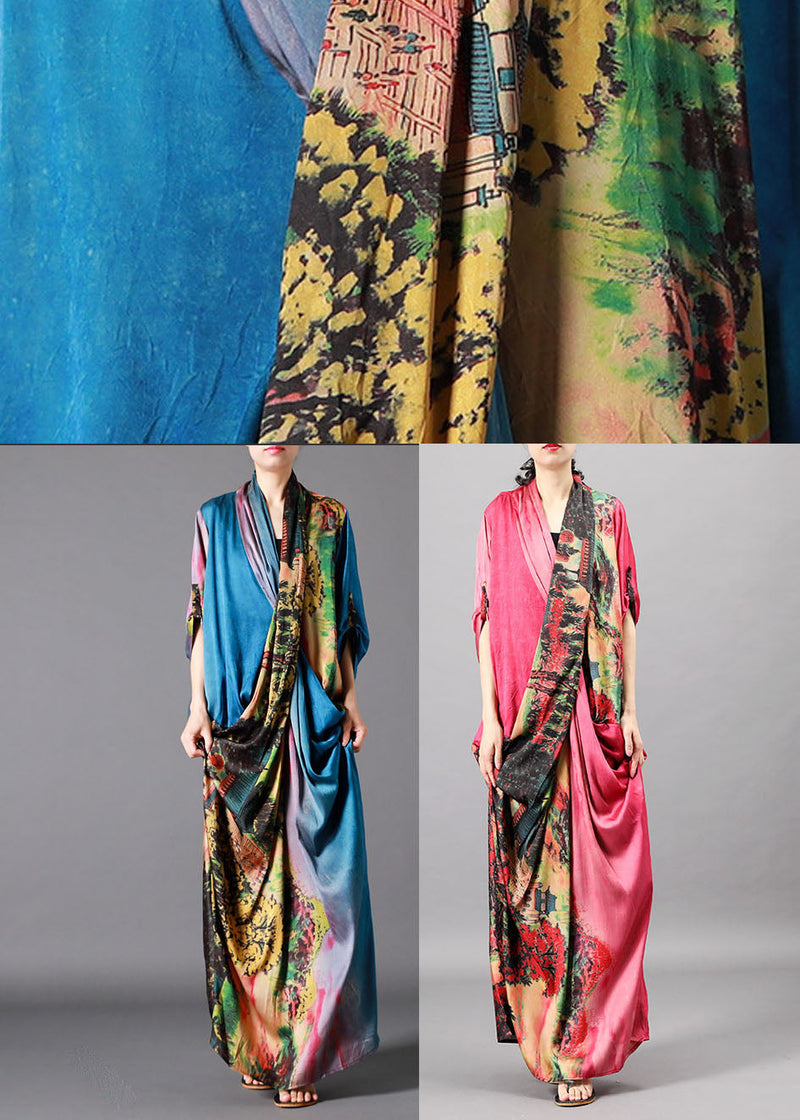 French Blue Asymmetrical Design Print Fall Half Sleeve Long Dresses