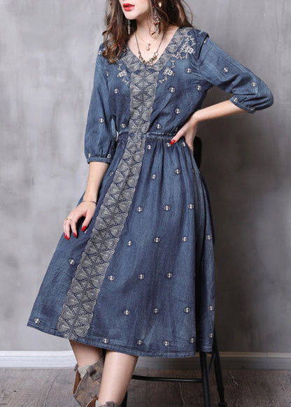 French Blue Elastic Waist V Neck Embroideried Cotton Dresses Half Sleeve