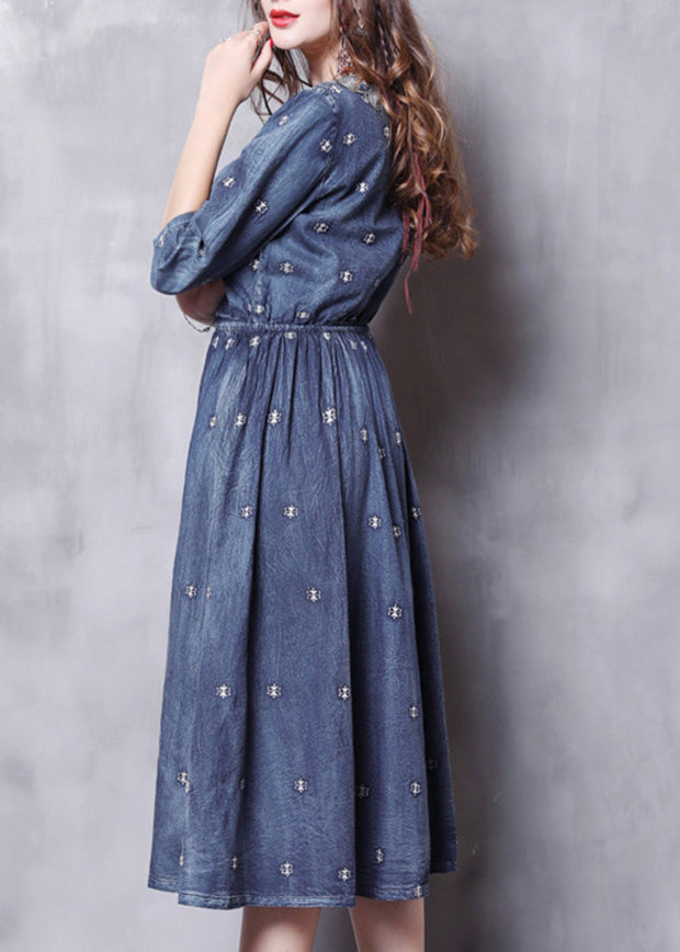 French Blue Elastic Waist V Neck Embroideried Cotton Dresses Half Sleeve
