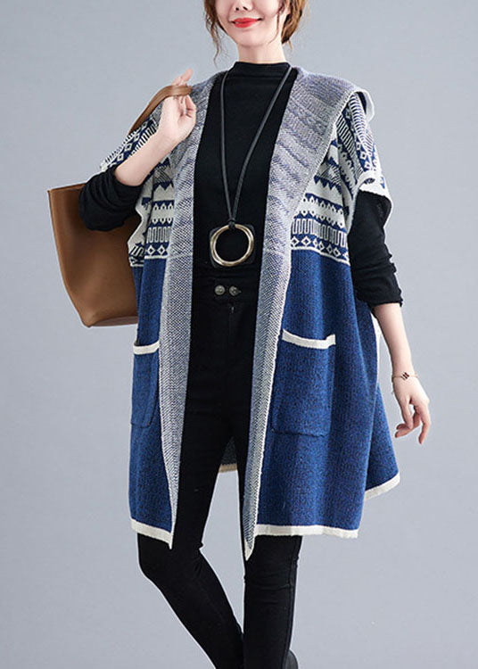 French Blue Hooded Side Open Short Sleeve Fall Knit Sweaters Coat