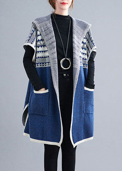 French Blue Hooded Side Open Short Sleeve Fall Knit Sweaters Coat