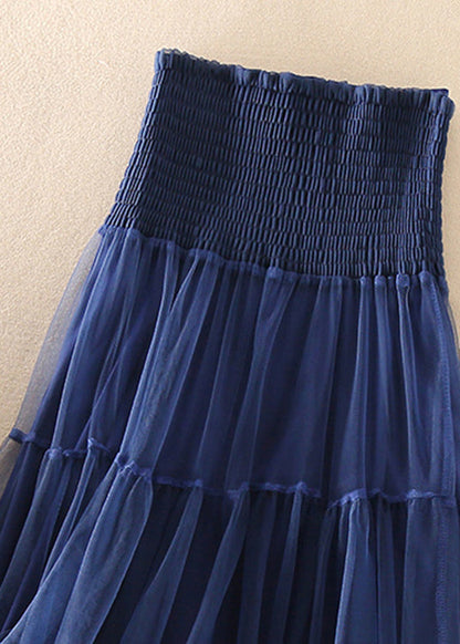 French Blue Wrinkled Patchwork Tulle Skirts Spring