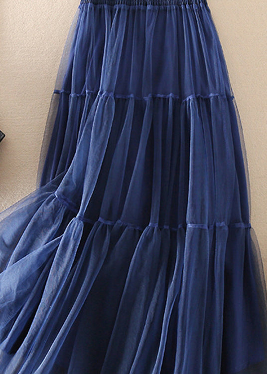 French Blue Wrinkled Patchwork Tulle Skirts Spring