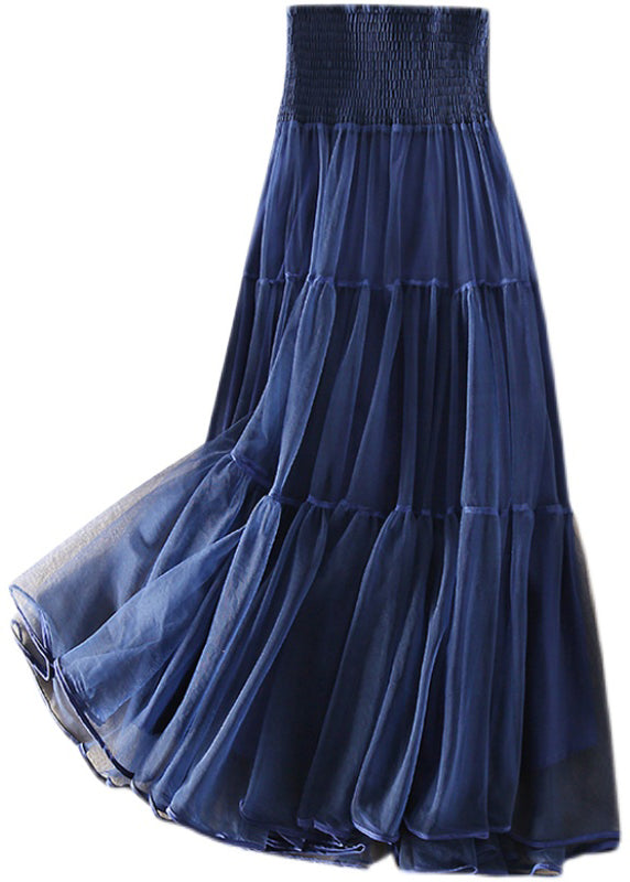 French Blue Wrinkled Patchwork Tulle Skirts Spring