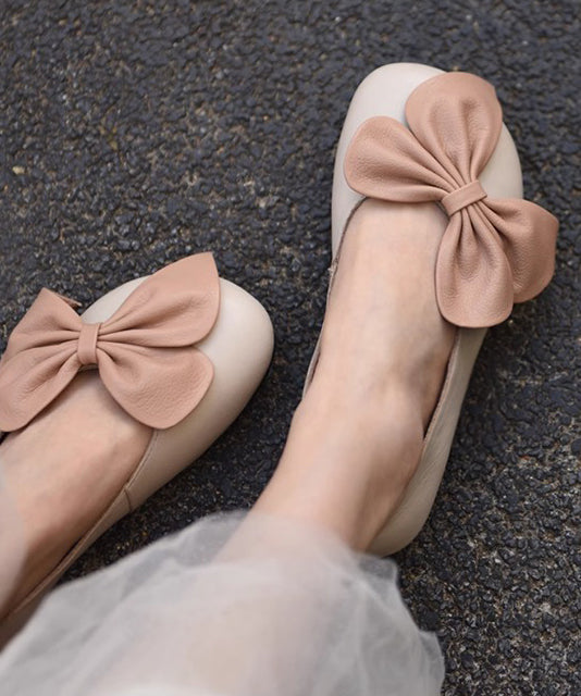 French Bow Splicing Penny Loafers Beige Faux Leather