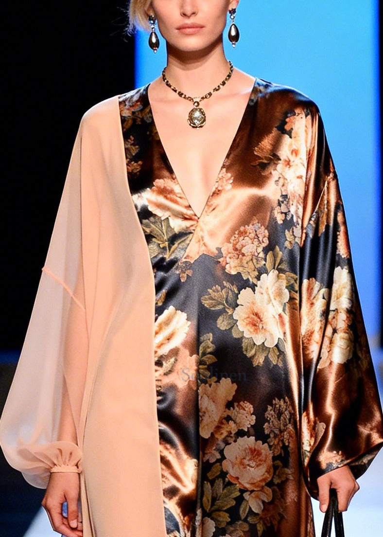 French Brown Asymmetrical Patchwork Print Silk Long Dress Spring