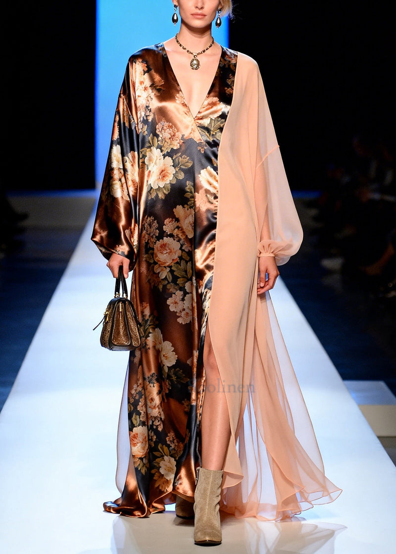 French Brown Asymmetrical Patchwork Print Silk Long Dress Spring
