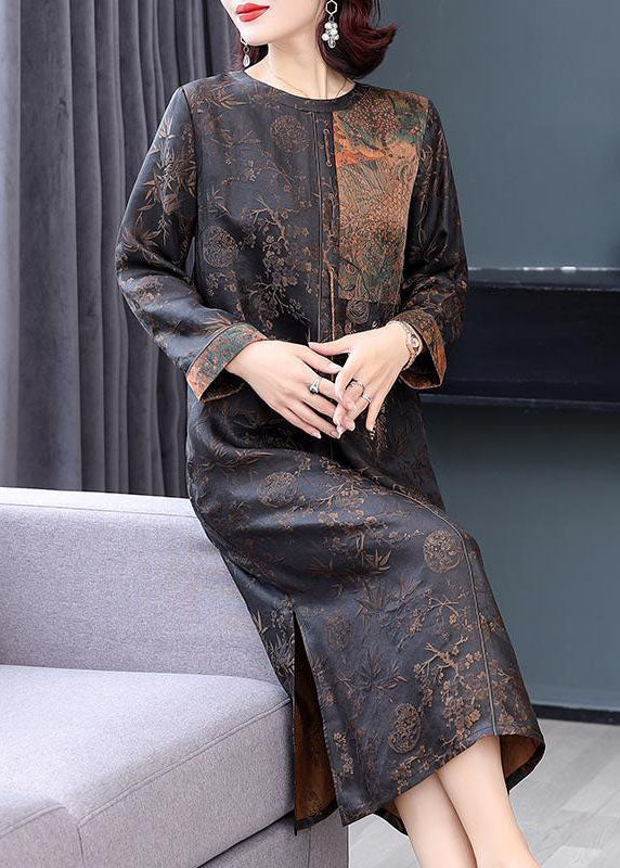 French Brown O-neck Patchwork Side Open Silk Long Dresses Fall