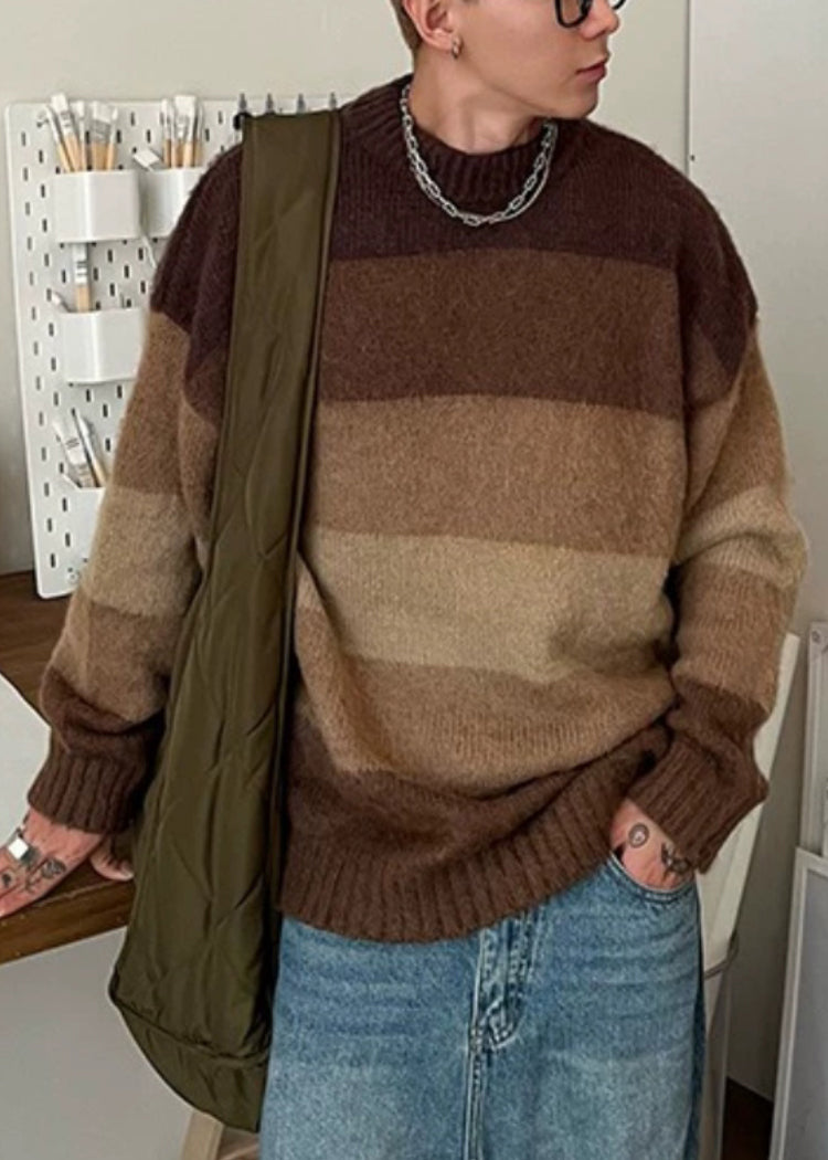 French Brown O Neck Striped Knit Sweaters Spring
