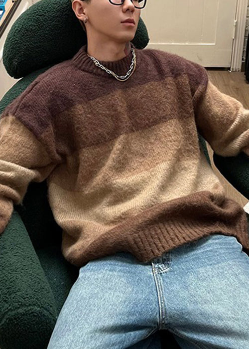French Brown O Neck Striped Knit Sweaters Spring