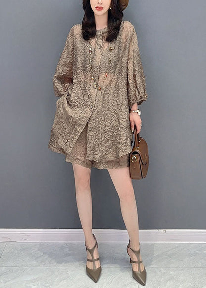 French Brown O-neck Wrinkled Patchwork Tops and Shorts Silk Two Pieces Set Summer