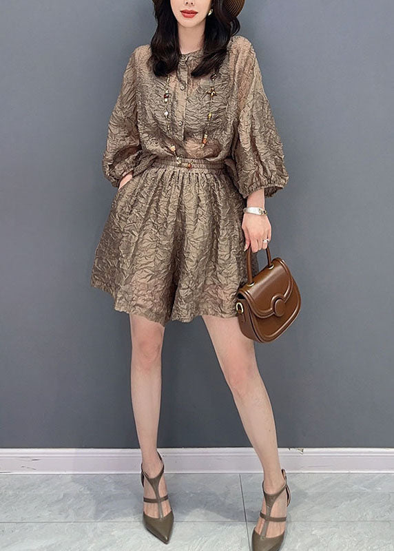 French Brown O-neck Wrinkled Patchwork Tops and Shorts Silk Two Pieces Set Summer