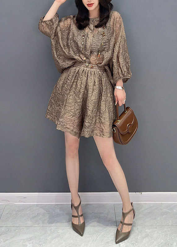 French Brown O-neck Wrinkled Patchwork Tops and Shorts Silk Two Pieces Set Summer