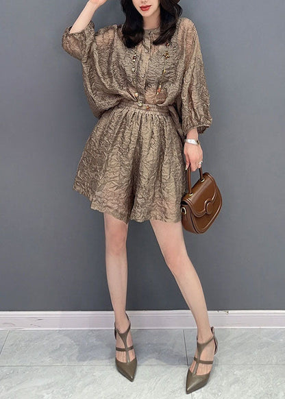 French Brown O-neck Wrinkled Patchwork Tops and Shorts Silk Two Pieces Set Summer