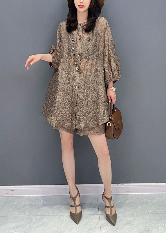 French Brown O-neck Wrinkled Patchwork Tops and Shorts Silk Two Pieces Set Summer