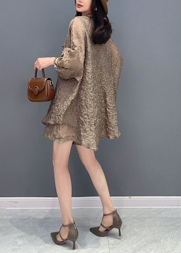 French Brown O-neck Wrinkled Patchwork Tops and Shorts Silk Two Pieces Set Summer