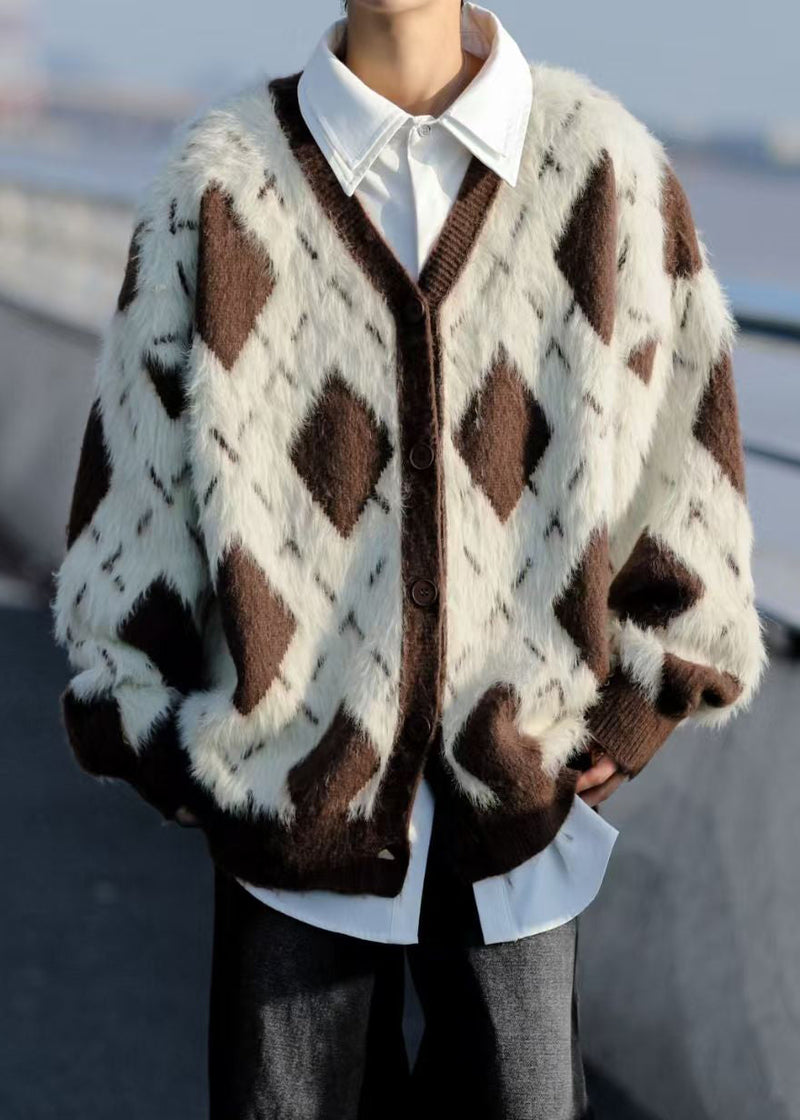 French Brown Plaid Button Mink Velvet Coats Spring