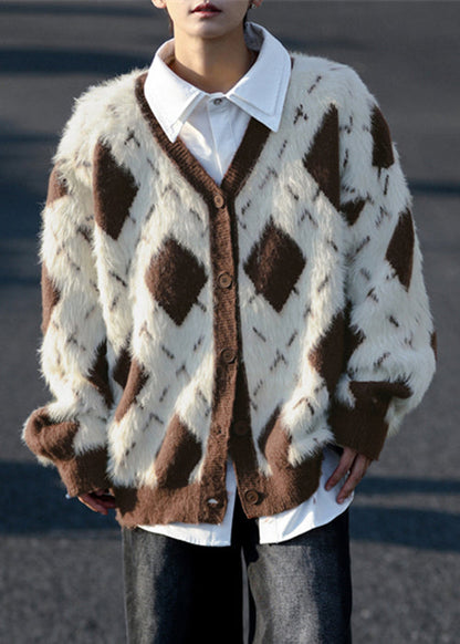French Brown Plaid Button Mink Velvet Coats Spring