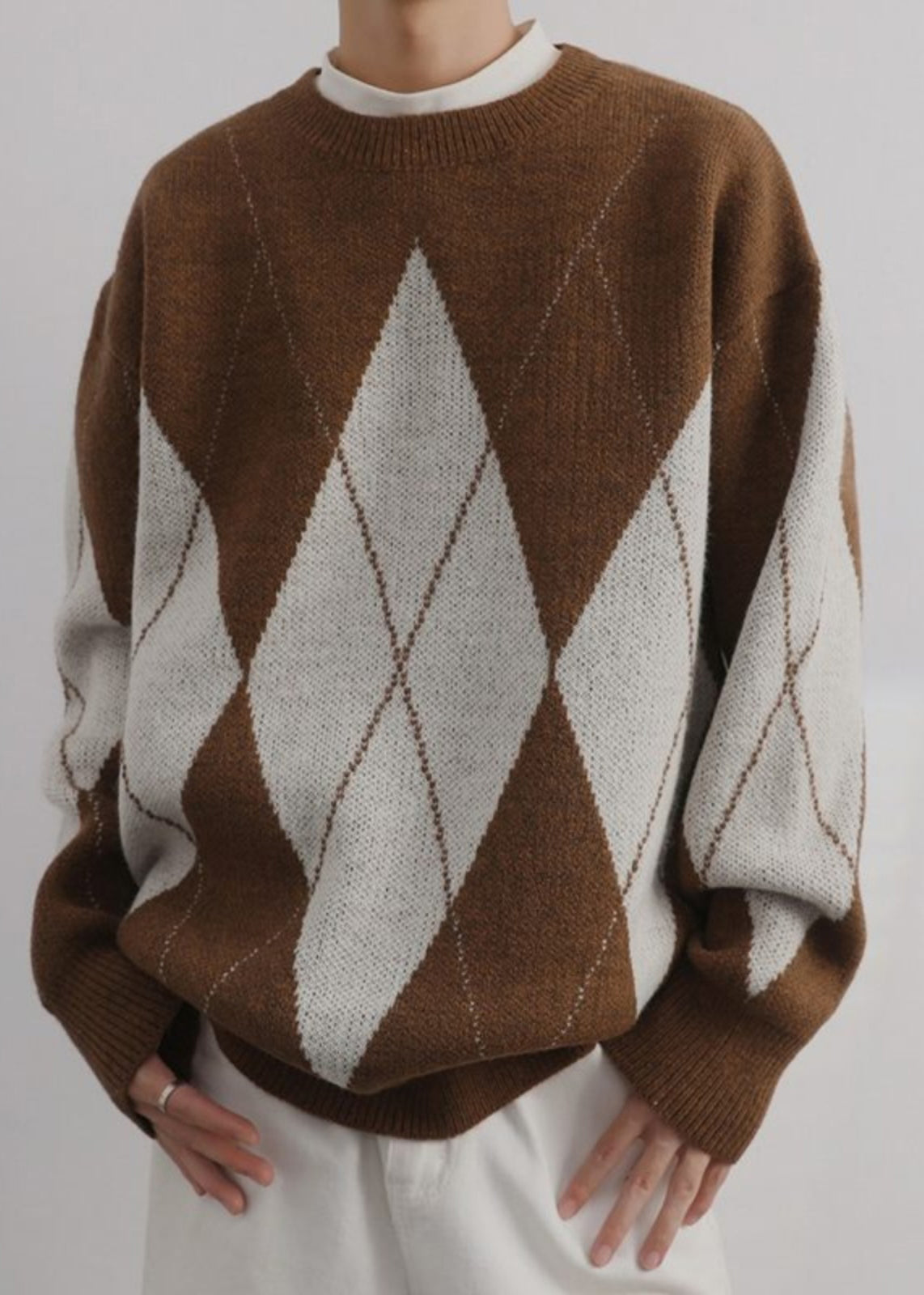 French Brown Plaid O Neck Patchwork Knit Sweaters Spring