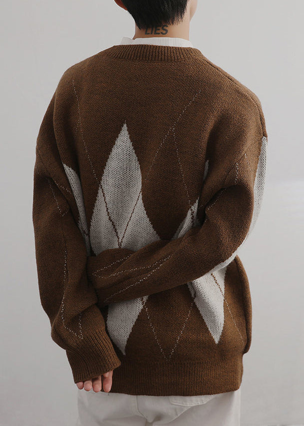 French Brown Plaid O Neck Patchwork Knit Sweaters Spring