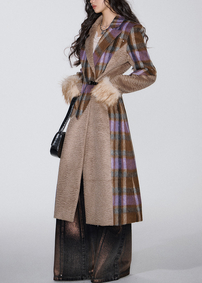 French Brown Pockets Patchwork Woolen Long Coat Spring