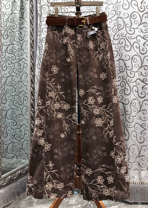 French Brown Print Denim Wide Leg Pants Spring