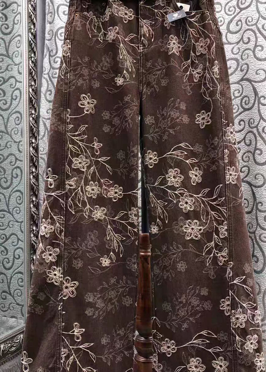 French Brown Print Denim Wide Leg Pants Spring