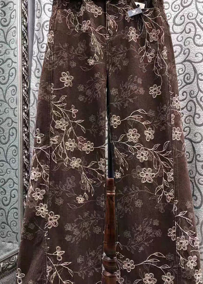 French Brown Print Denim Wide Leg Pants Spring