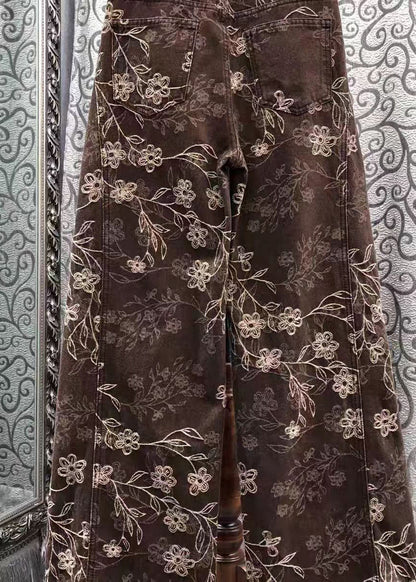 French Brown Print Denim Wide Leg Pants Spring