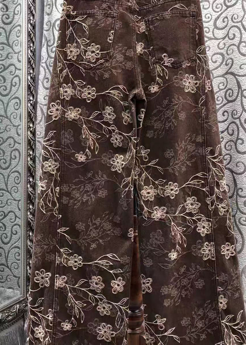 French Brown Print Denim Wide Leg Pants Spring
