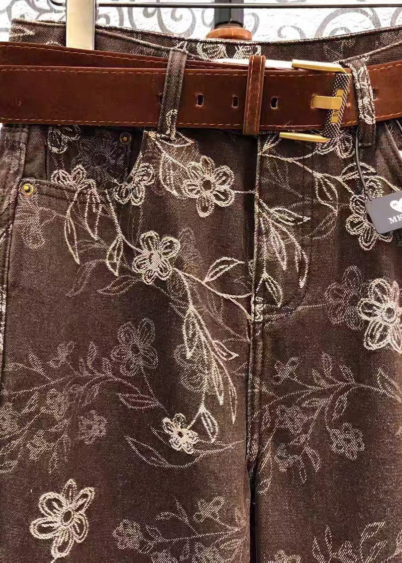 French Brown Print Denim Wide Leg Pants Spring