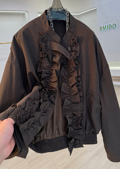 French Brown Ruffled Pockets Cotton Jackets Spring