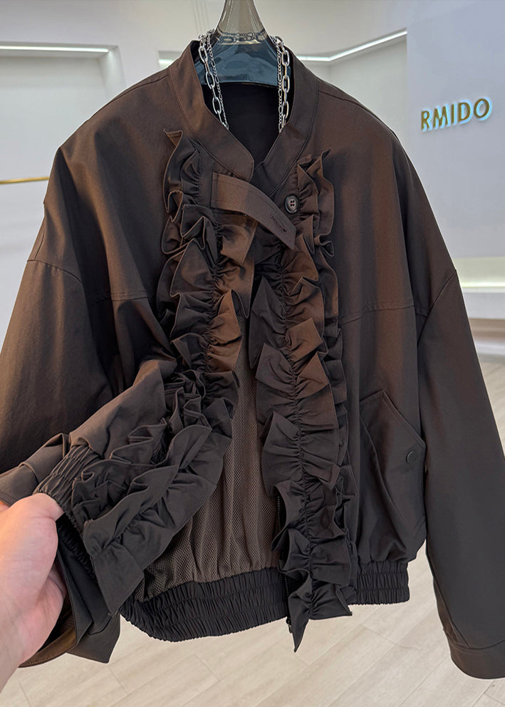 French Brown Ruffled Pockets Cotton Jackets Spring