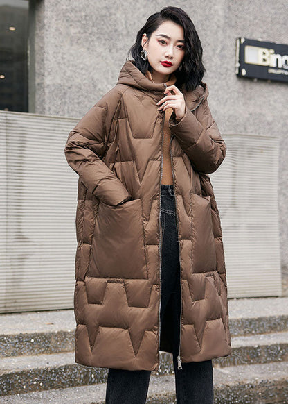 French Brown Hooded Zippered Duck Down Puffers Coats Winter